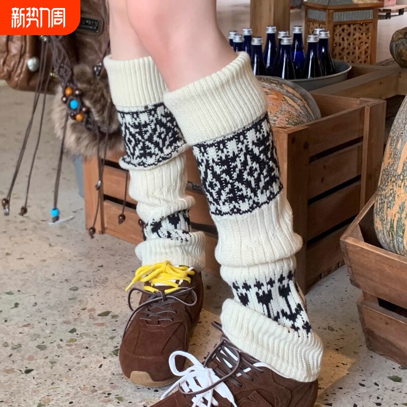 复古费尔岛风中筒袜女秋冬加厚保暖显瘦羊毛堆堆袜套百搭配雪地靴