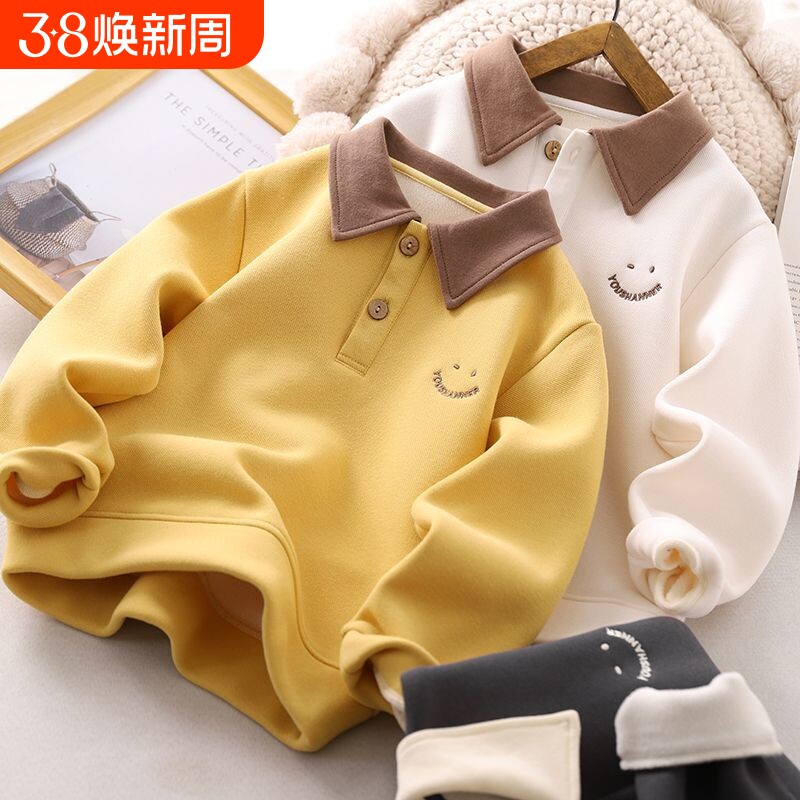 男童加绒卫衣秋冬款翻领POLO衫2024新款儿童韩版帅气加厚保暖上衣