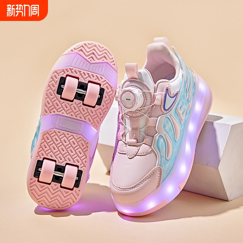 暴走鞋女童春秋季皮面儿童带轮子运动学生隐形轮滑鞋发光滑轮四轮