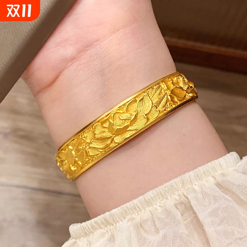 宽版牡丹花手镯越南沙金女黄金色实心轮胎花朵新中式国风复古镯子