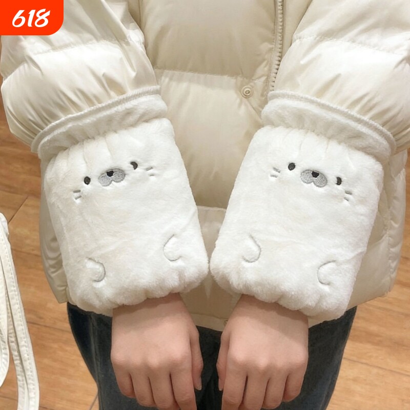 可爱卡通海豹袖套秋冬女款羽绒服办公室防脏护袖工作毛绒袖头套袖