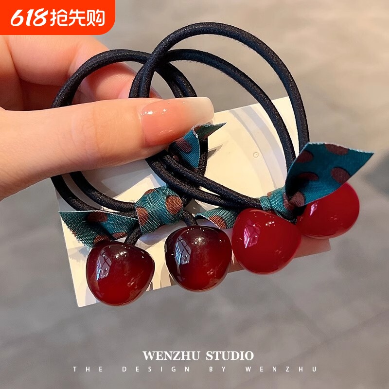 红色樱桃高弹力耐用发圈头绳蝴蝶结头饰扎头发橡皮筋女丸子头发绳