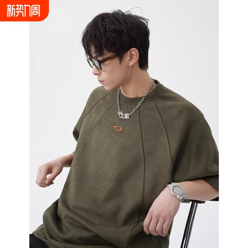 美式复古麂皮刺绣短袖男女夏季潮牌重磅oversize休闲百搭半袖