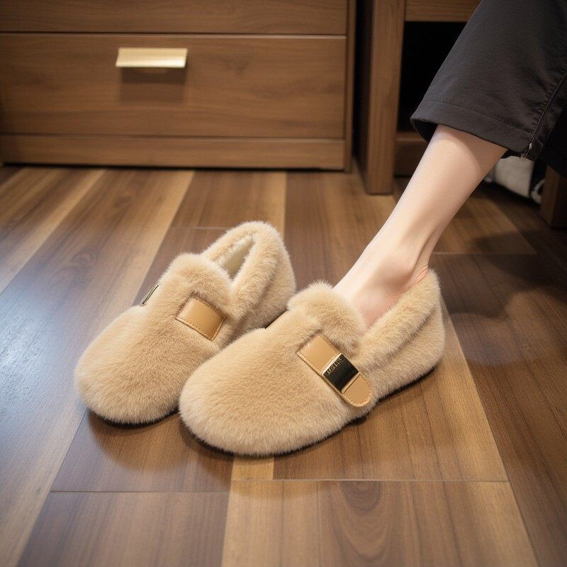 【水貂绒】毛毛鞋女冬季外穿一脚蹬豆豆鞋加绒保暖孕妇鞋软底棉鞋