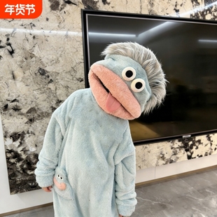 丑萌大嘴怪连体儿童睡衣男女童冬季新款珊瑚绒加厚保暖搞怪家居服