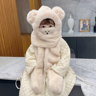 儿童帽子冬季保暖女童毛绒帽围巾一体帽口罩手套男宝宝帽加绒洋气