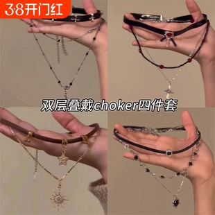 黑色十字架choker女双层叠戴y2k项链女高级感锁骨链辣妹甜酷颈链