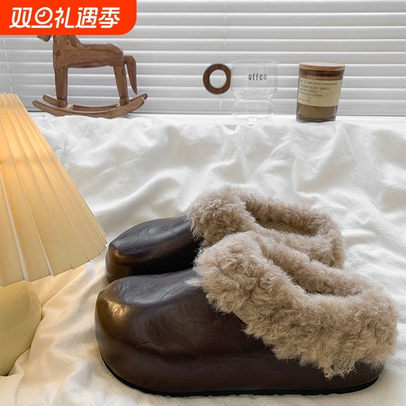厚底内增高皮面包头半拖鞋女外穿2025冬季新款百搭加绒勃肯棉拖鞋