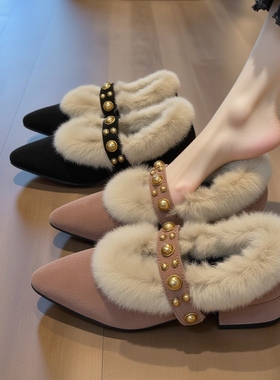 兔毛绒毛毛高跟鞋女秋冬新款外穿时尚玛丽珍尖头黑色加绒豆豆单鞋