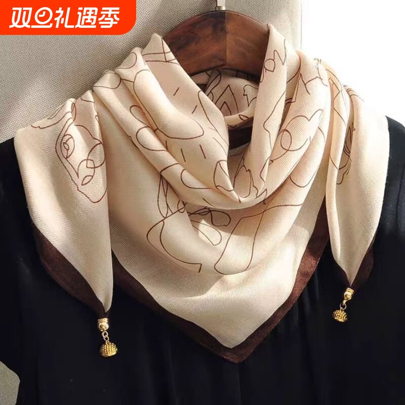 2025新款磁吸扣小丝巾女薄款护颈方巾三角系围脖咖色白色黑色黑白