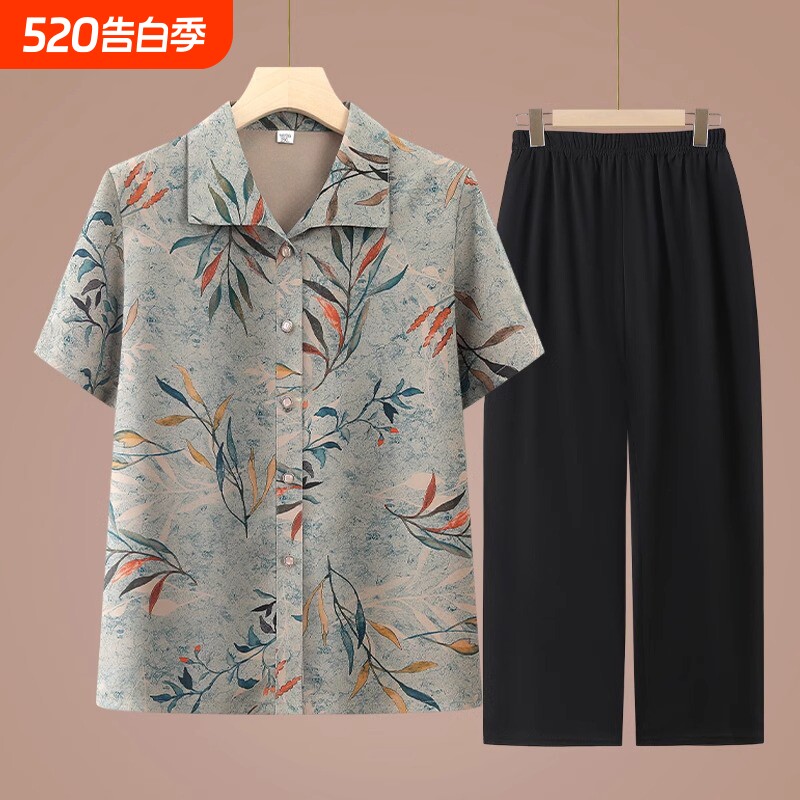 中老年人夏装女奶奶装短袖套装妈妈装T恤上衣服6070岁婆婆两件套