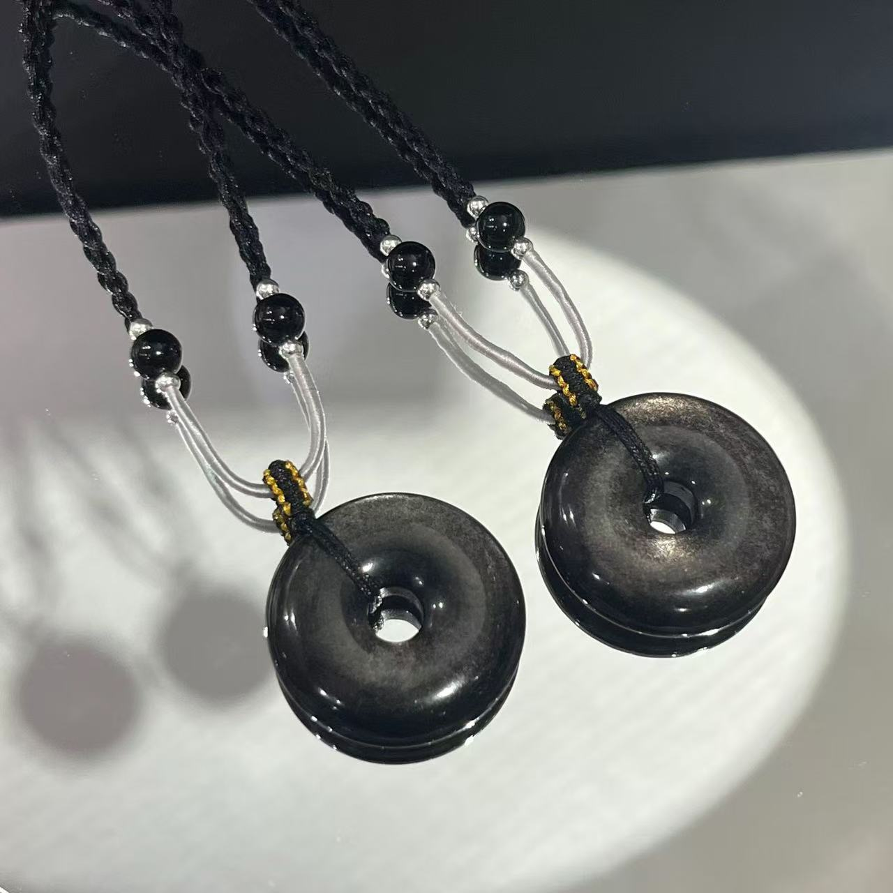 VZZS收藏级天然银曜石平安扣吊坠男女银眼黑曜石黑水晶挂件项链