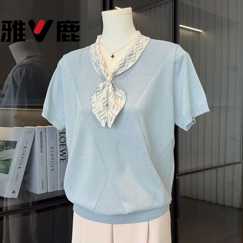 雅鹿妈妈夏装短袖冰丝上衣50岁中老年女薄款减龄T恤针织时尚套装