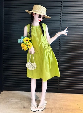 女童夏季连衣裙2026新款女孩棉布裙儿童夏装裙子薄款绿色韩版速干