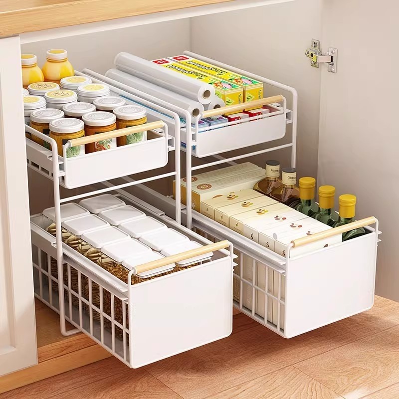厨房抽拉式置物架橱柜拉篮多功能碗碟调料收纳架下水槽免安装双层