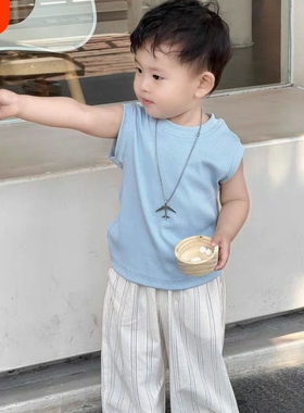 男童夏季条纹防蚊裤蓝色背心套装男宝宝夏装无袖上衣长裤子儿童装