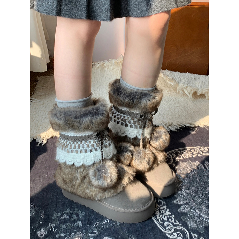 复古厚底增高雪地靴女2025冬季加绒保暖中筒靴小个子可爱毛毛棉鞋