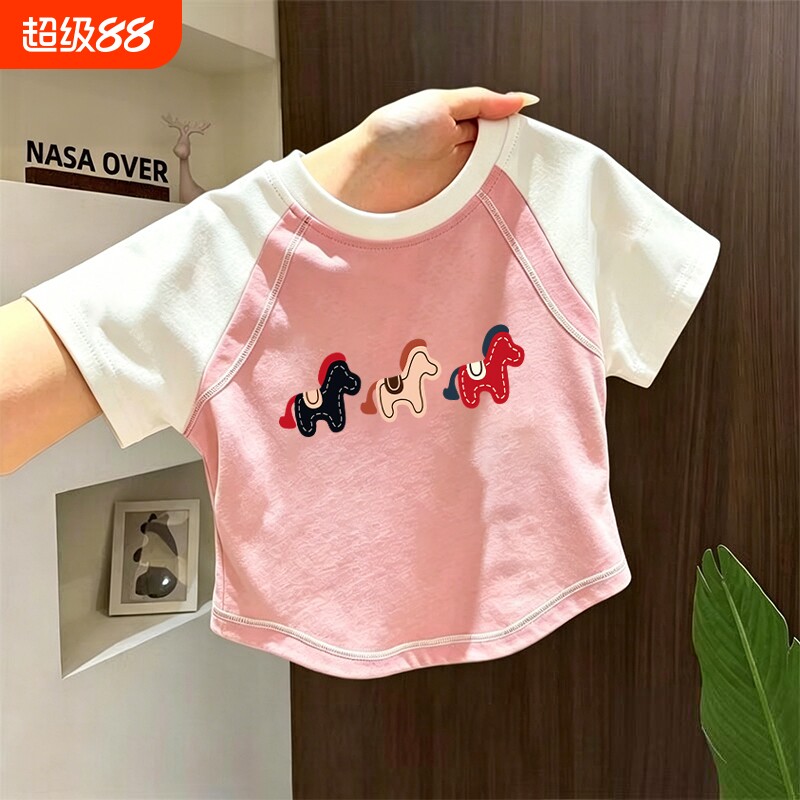 女童夏季新款拼接撞色短袖T恤图片