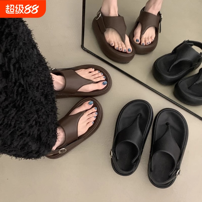 厚底增高夹趾凉鞋女2025夏季新款配裙子百搭复古罗马沙滩鞋中跟