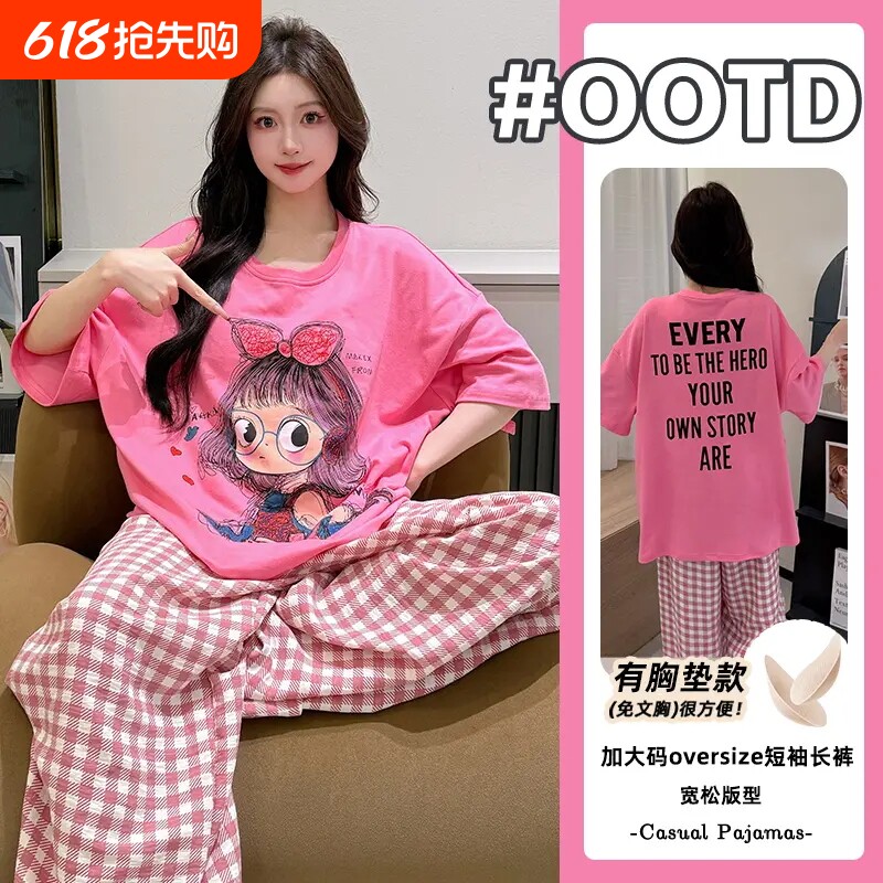 睡衣女款夏季带胸垫一体短袖棉绸2026新款时尚卡通女士大码家居服