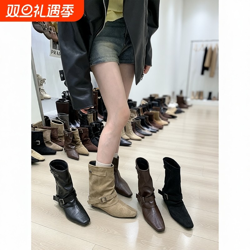 复古绒面卡其色短筒靴女靴子法式靴秋季小众设计堆堆靴骑士靴套筒