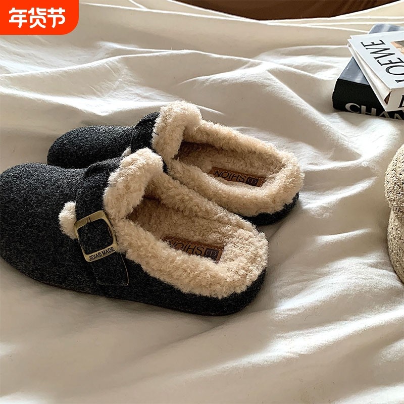 ~韩版加绒勃肯半拖鞋女外穿ins毛茸茸一脚蹬保暖棉拖鞋灰色毛绒,女鞋,勃肯鞋/软木鞋,淘宝优惠券,粉丝福利购,淘宝优惠卷