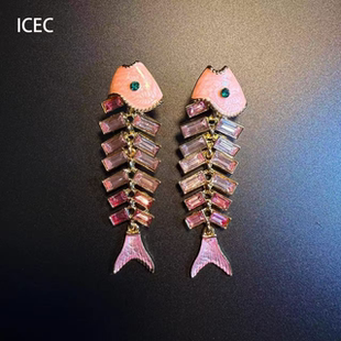 Fish粉色鱼骨耳饰轻奢百搭耳环 Crystal 2025新品 欧美Vintage古着