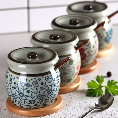 和风四季釉下彩盐罐猪油罐料瓶厨房调料盒调味罐家用陶瓷油辣椒罐