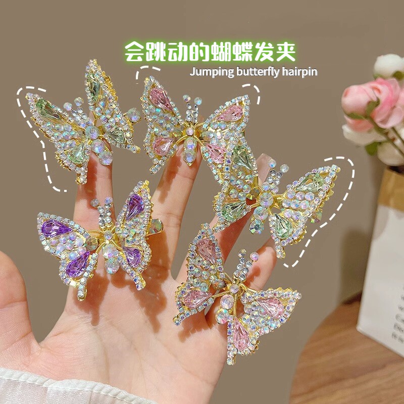 儿童发夹会动的蝴蝶发卡水钻会飞的可爱头饰夹子侧边夹碎发刘海夹
