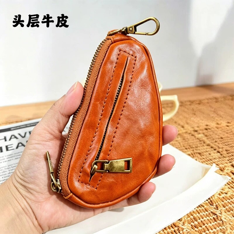 头层牛皮钥匙袋复古做旧拉链小包可放零钱卡片便携汽车钥匙收纳包
