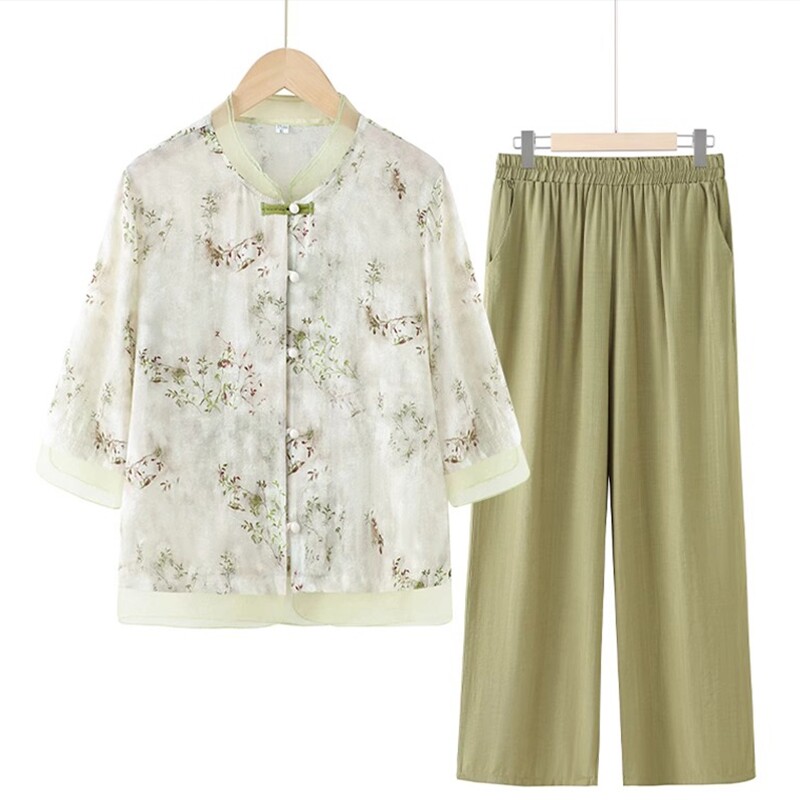 2025新款妈妈春夏装套装中老年人中袖衬衫女奶奶雪纺老人夏季衣服