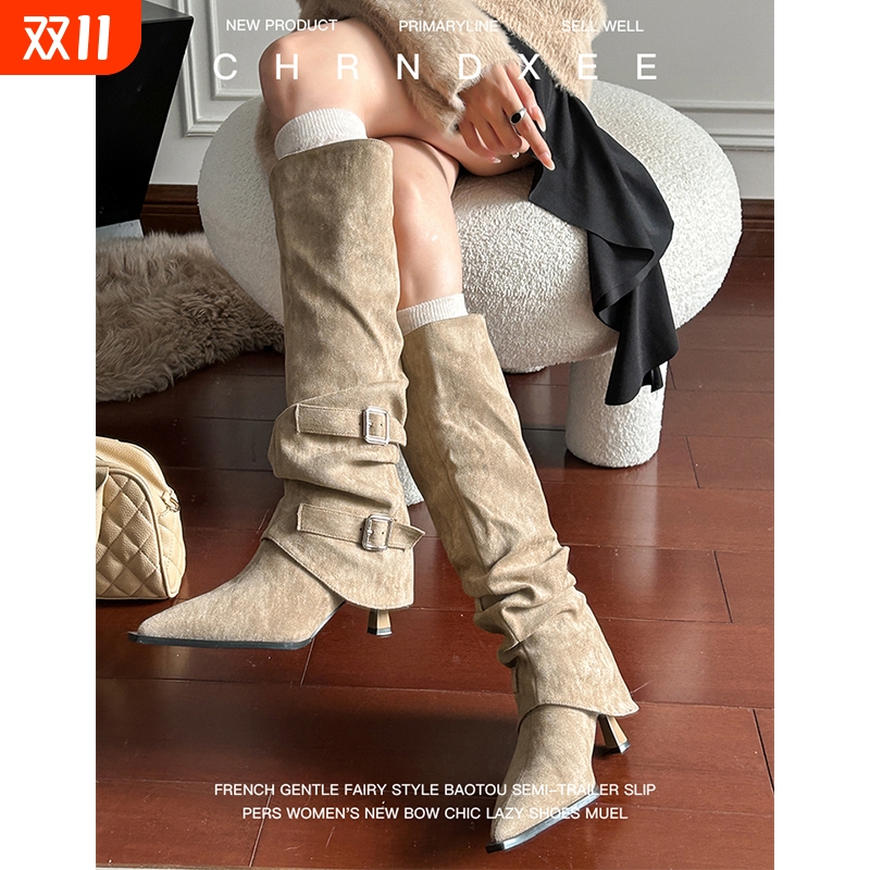 牛皮版~尖头绒面细跟裤管靴女2025新款高跟靴增高长靴高筒卡其色