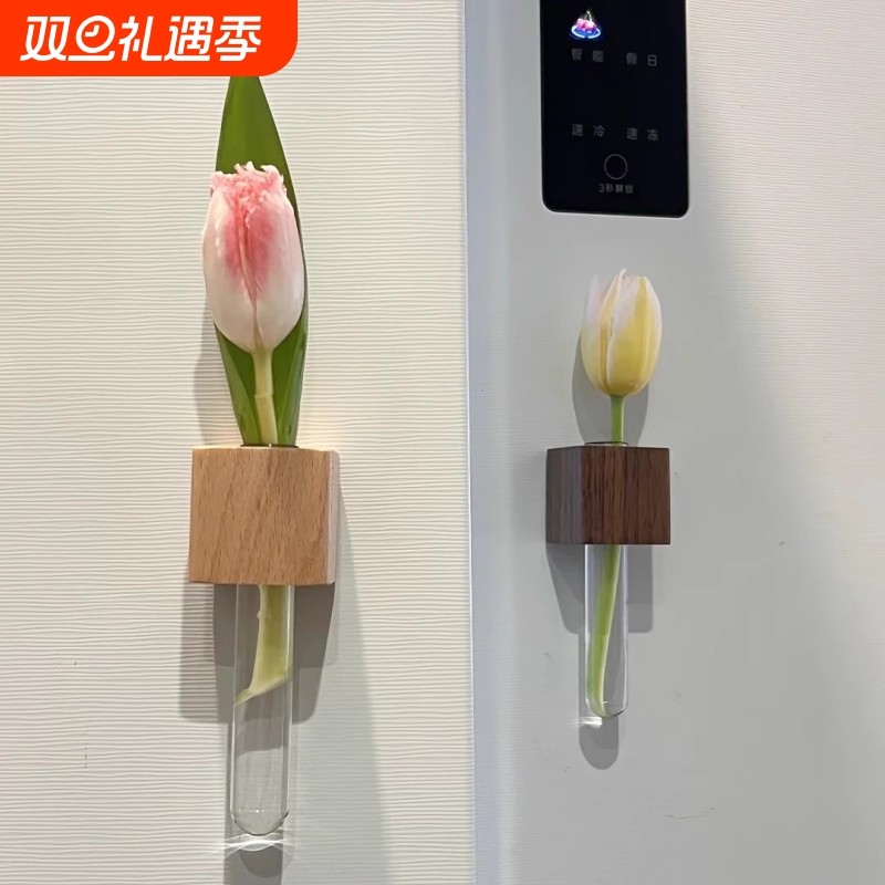 实木插花器创意试管冰箱贴磁贴留言固定磁力贴水培植物花瓶胡桃木