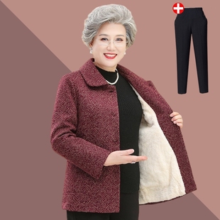 奶奶春装外套女中老年人冬季加绒厚棉袄妈妈老太太羊羔绒衣服红色