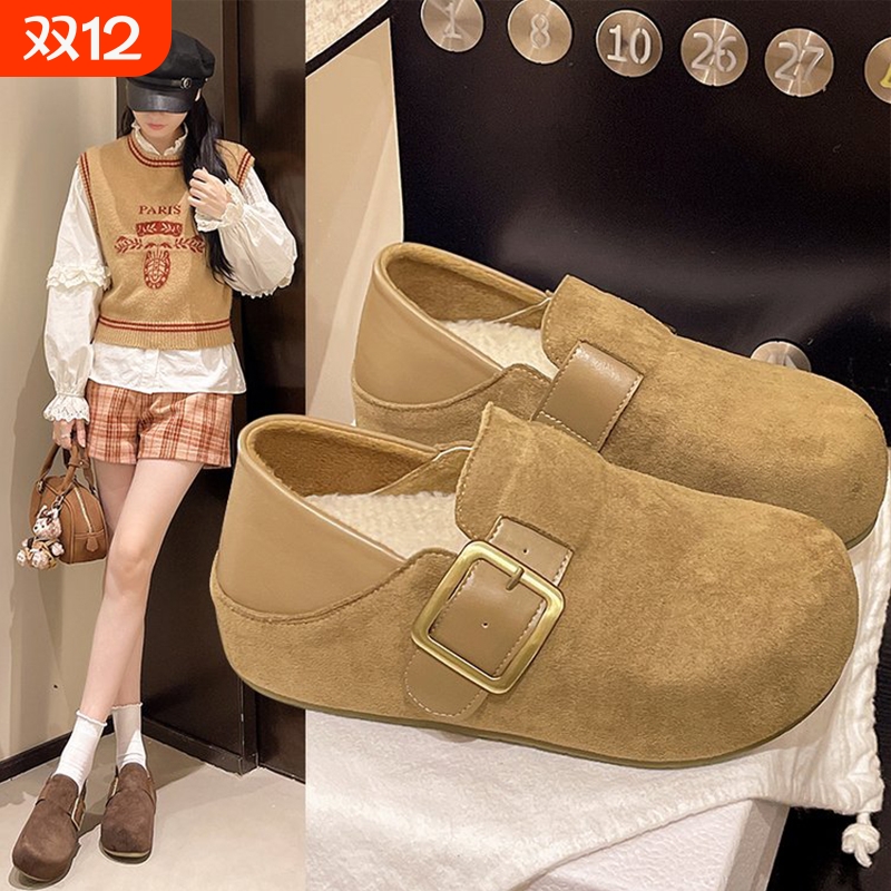 两穿勃肯鞋女2025秋冬新款厚底内增高加绒保暖棉鞋一脚蹬复古单鞋