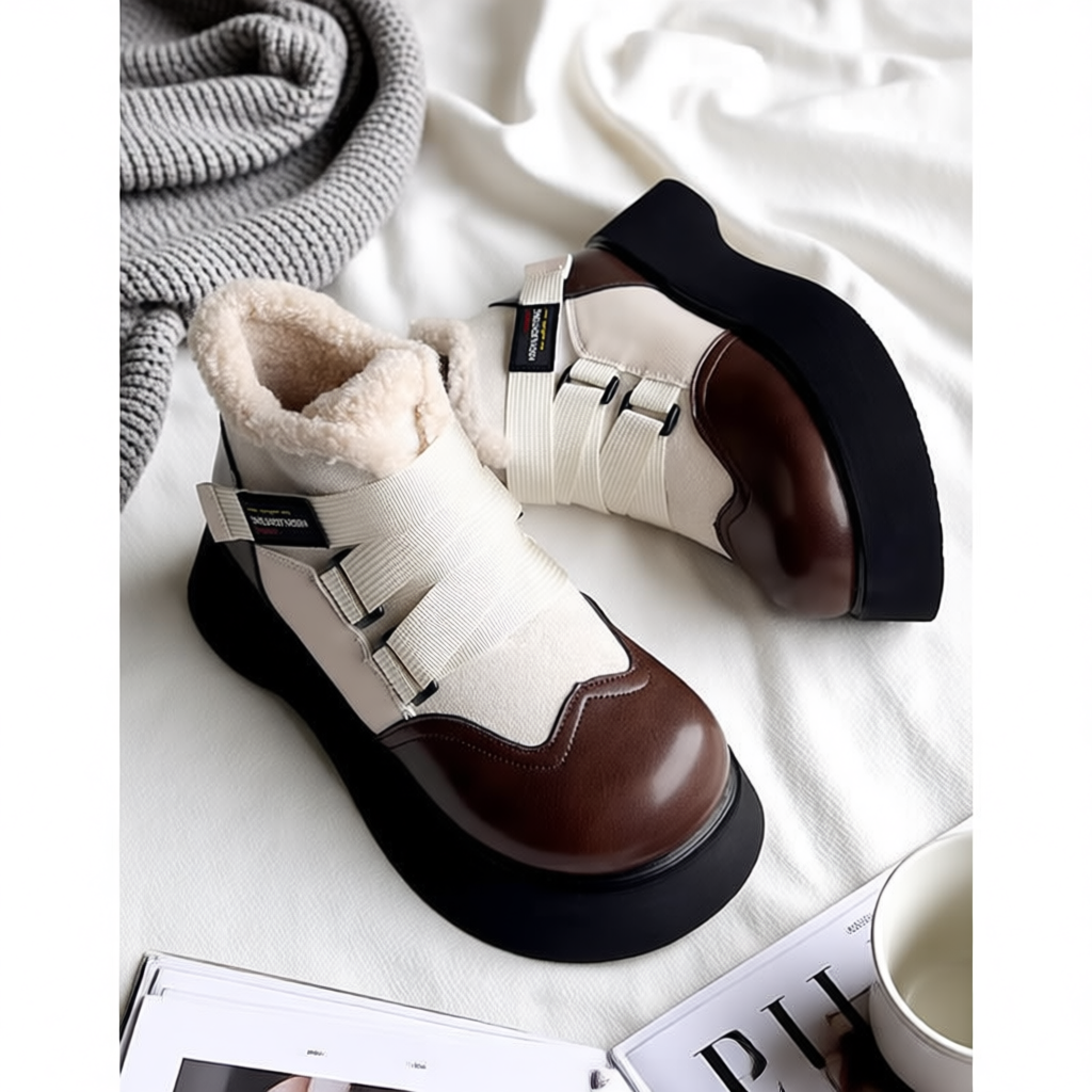 厚底皮面雪地靴女2025冬季加绒保暖短靴毛毛女鞋丑萌棉鞋时尚圆头