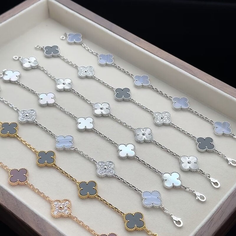 2026新款四叶草玛瑙石五花手链女轻奢高级感18K玫瑰金白金色手