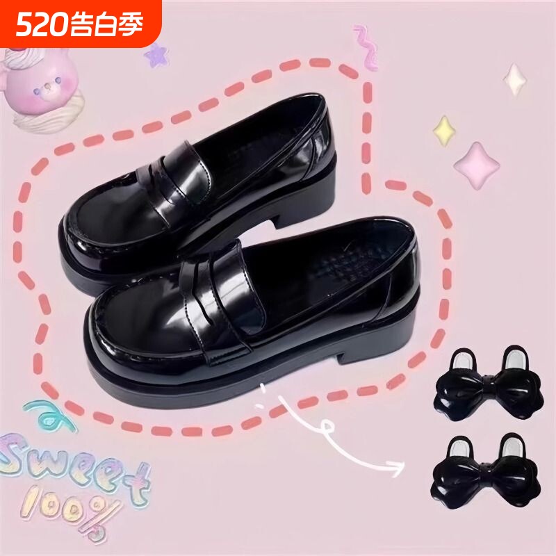 2026熊熊原创jk制服鞋学生中跟厚底单鞋方头增高鞋日系黑色蝴蝶