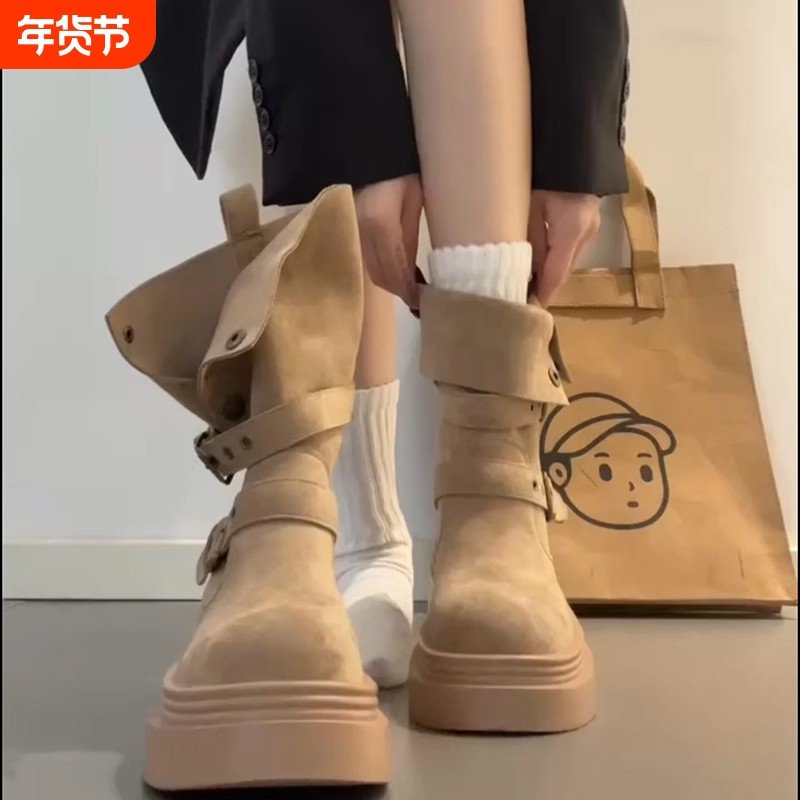 时尚百搭马丁靴子女2025年秋冬季新款厚底增高短靴高跟卡其色防水