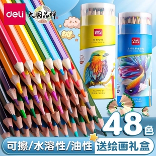 得力彩铅小学生画画专用48色油性水溶性彩色可擦铅笔24色涂色笔套装 绘画儿童彩笔画笔36色12色美术素描无毒