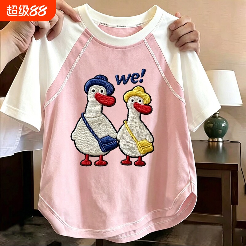 女童纯棉拼色短袖T恤卡通印花图片