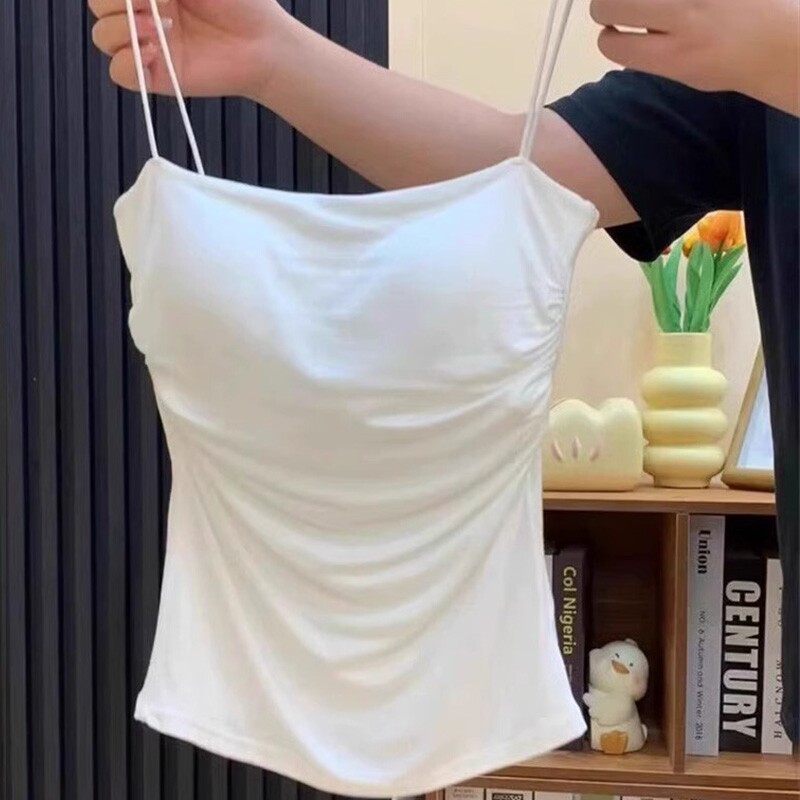 纯欲白色吊带带胸垫背心美背文胸一体女夏内搭外穿法式独特小上衣