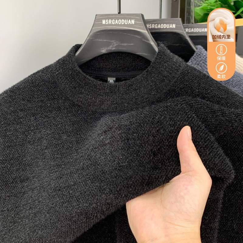 一体绒雪尼尔毛衣中老年爸爸装冬款加绒毛线衣男新款打底衫内搭
