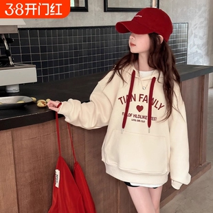 女童卫衣春秋款2025女大童秋装上衣儿童打底衫潮加绒红色时尚休闲