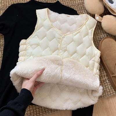白色羊羔绒马甲女冬叠穿内搭打底保暖马夹坎肩加绒加厚羽绒棉背心