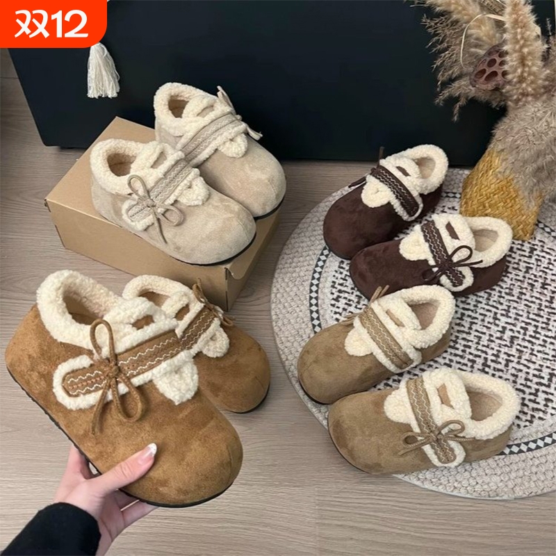 蝴蝶结厚底内增高勃肯鞋棉鞋女2025新款加绒保暖外穿毛毛玛丽珍鞋