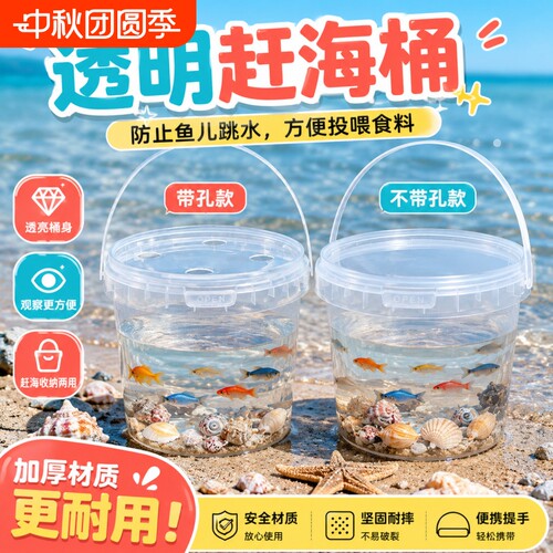 手提透明塑料儿童捞鱼桶带盖赶海小水桶养鱼装乌龟小鱼专用桶观察