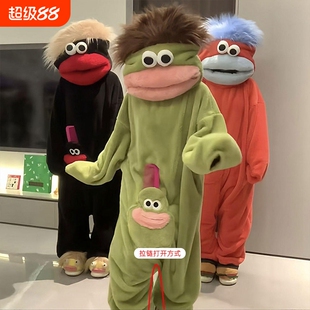 大嘴怪珊瑚绒丑鱼连体睡衣女款冬季男加绒加厚可爱搞怪睡袍家居服