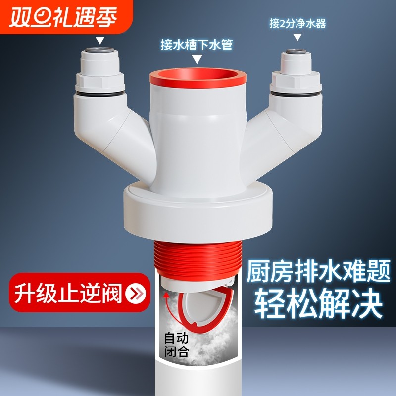 厨房下水管净水器三通接头水槽洗菜盆洗碗机排水管三头通防臭神器