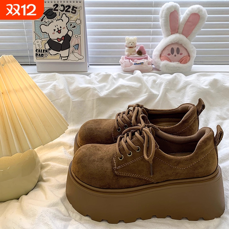 松糕厚底系带乐福鞋女2025新款春秋季百搭小个子增高勃肯单鞋棕色
